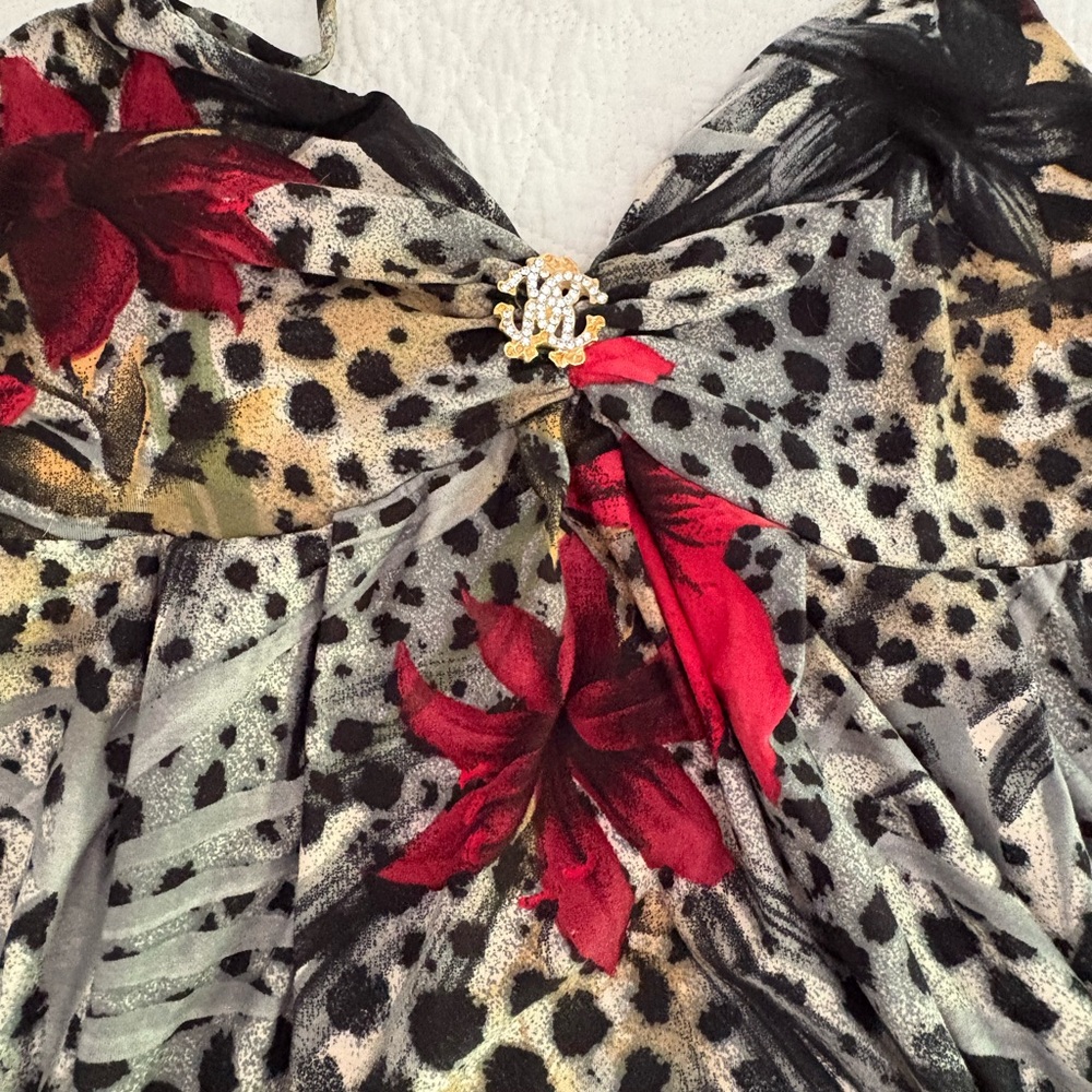 Roberto Cavalli Leopard Print Maxi Dress with Red Floral Accents
